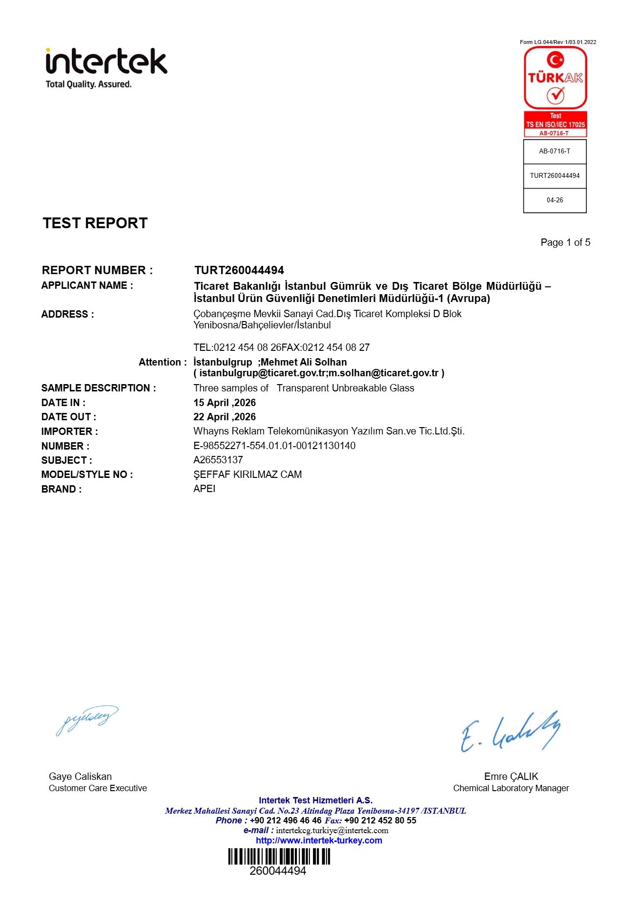 Intertek laboratuvar test raporu